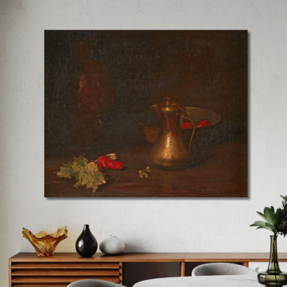 Natura Morta Con Brocca In Ottone Ciotola In Metallo Lattuga E Peperoni Rossi William Merritt Chase wmc79 quadro stampato su te