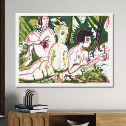 Donne Nude Con Un Bambino Nella Foresta 1925 Ernst Ludwig Kirchner elk89 quadro stampato su tela