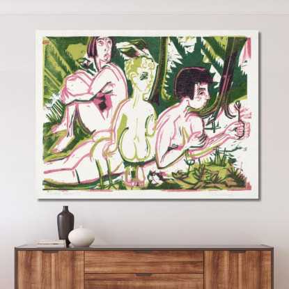 Donne Nude Con Un Bambino Nella Foresta 1925 Ernst Ludwig Kirchner elk89 quadro stampato su tela