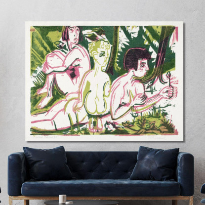 Donne Nude Con Un Bambino Nella Foresta 1925 Ernst Ludwig Kirchner elk89 quadro stampato su tela