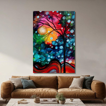 Quadro Astratto Con Albero Nero Luna E Sfondo Multicolore abs14 quadro stampato su tela
