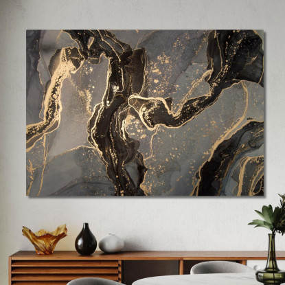 Quadro Astratto Fluido Nero Oro Elegante Decorazione abs35 quadro stampato su tela