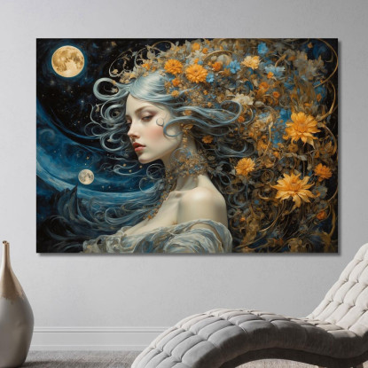 Quadro Donna Fantasy Con Dettagli Floreali Tonalità Blu E Oro abs80 quadro stampato su tela