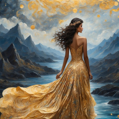 Quadro Donna Abito Dorato Paesaggio Stellato Fiabesco Fashion fsn14 quadro stampato su tela