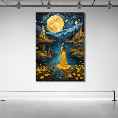 Quadro Donna Abito Giallo Luna Piena Paesaggio Incantato Fashion fsn16 quadro stampato su tela