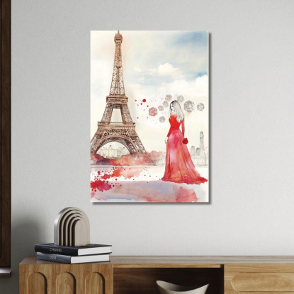 Quadro Donna Abito Rosso Torre Eiffel Acqurello Romantico Fashion fsn19 quadro stampato su tela