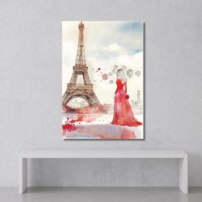 Quadro Donna Abito Rosso Torre Eiffel Acqurello Romantico Fashion fsn19 quadro stampato su tela