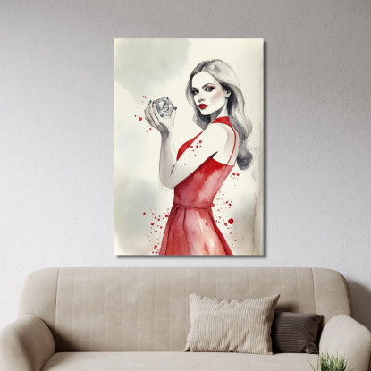 Quadro Donna Elegante Abito Rosso Con Diamante Disegno Acquerello Artistico Fashion fsn33 quadro stampato su tela