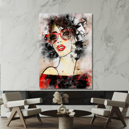 Quadro Donna Ritratto Moderno Occhiali Rossi Acquerello Fashion fsn46 quadro stampato su tela