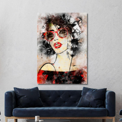 Quadro Donna Ritratto Moderno Occhiali Rossi Acquerello Fashion fsn46 quadro stampato su tela