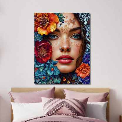 Quadro Ritratto Donna Fiori Colorati Artistico Fashion fsn77 quadro stampato su tela