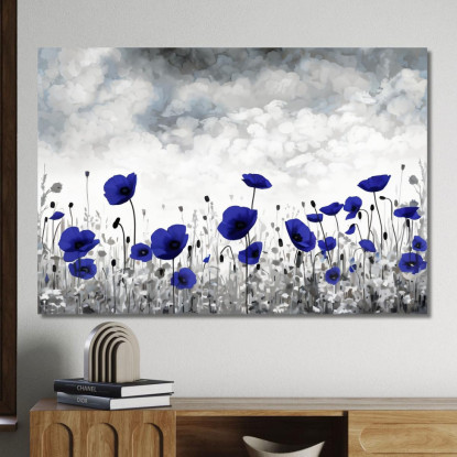 Quadro Papaveri Blu Su Campo Bianco E Nero Quadro Moderno Fiori Astratti flp16 quadro stampato su tela