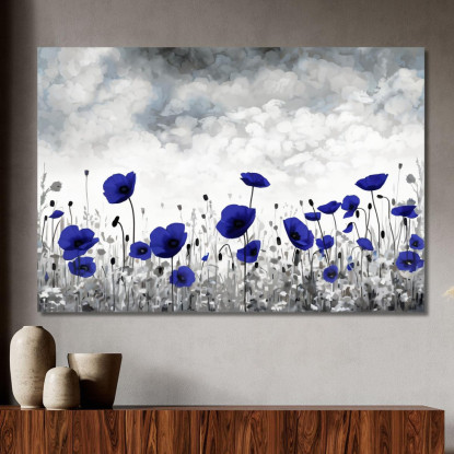 Quadro Papaveri Blu Su Campo Bianco E Nero Quadro Moderno Fiori Astratti flp16 quadro stampato su tela
