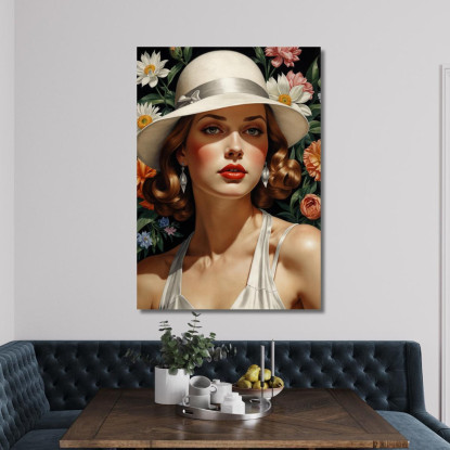 Donna Con Cappello Bianco E Fiori Stile Tamara de Lempicka ilmt25 quadro stampato su tela