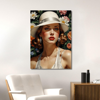 Donna Con Cappello Bianco E Fiori Stile Tamara de Lempicka ilmt25 quadro stampato su tela
