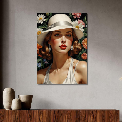 Donna Con Cappello Bianco E Fiori Stile Tamara de Lempicka ilmt25 quadro stampato su tela