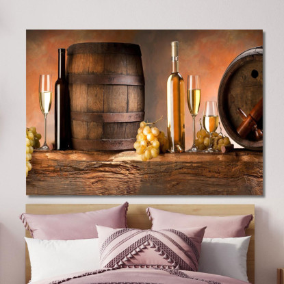 Quadro Moderno Botti Di Legno E Bottiglie Di Vino Bianco Su Tavolo Rustico foo7 quadro stampato su tela