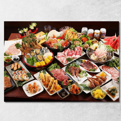 Quadro Moderno Buffet Giapponese Con Sushi Carne E Frutti Di Mare foo8 quadro stampato su tela