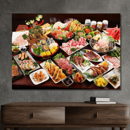 Quadro Moderno Buffet Giapponese Con Sushi Carne E Frutti Di Mare foo8 quadro stampato su tela