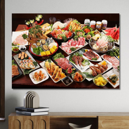 Quadro Moderno Buffet Giapponese Con Sushi Carne E Frutti Di Mare foo8 quadro stampato su tela