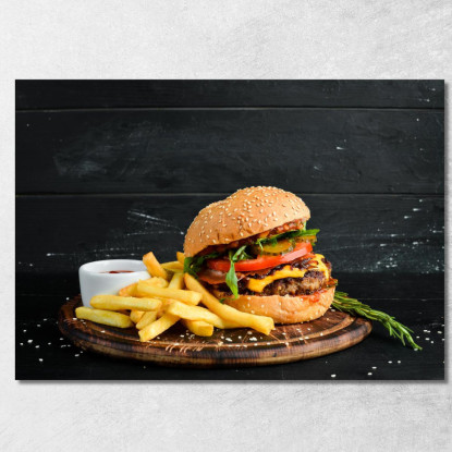Quadro Moderno Burger Gourmet Con Patatine Croccanti E Salsa Ketchup foo10 quadro stampato su tela