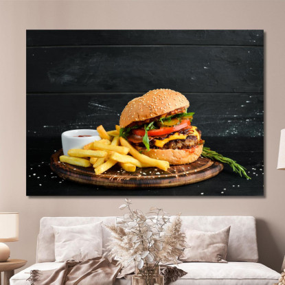 Quadro Moderno Burger Gourmet Con Patatine Croccanti E Salsa Ketchup foo10 quadro stampato su tela
