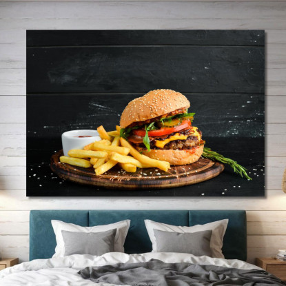 Quadro Moderno Burger Gourmet Con Patatine Croccanti E Salsa Ketchup foo10 quadro stampato su tela