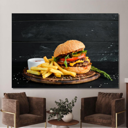 Quadro Moderno Burger Gourmet Con Patatine Croccanti E Salsa Ketchup foo10 quadro stampato su tela