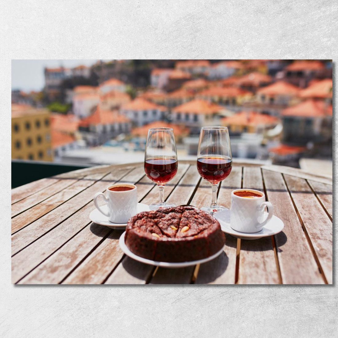 Quadro Moderno Caffè Vino E Dolce Su Terrazza Con Vista Panoramica foo14 quadro stampato su tela