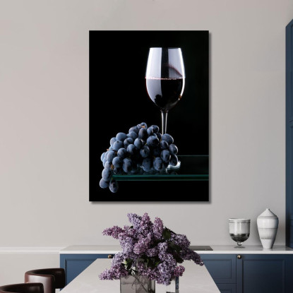 Quadro Moderno Calice Di Vino Rosso Con Grappolo D'Uva Su Sfondo Nero foo16 quadro stampato su tela