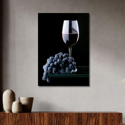 Quadro Moderno Calice Di Vino Rosso Con Grappolo D'Uva Su Sfondo Nero foo16 quadro stampato su tela