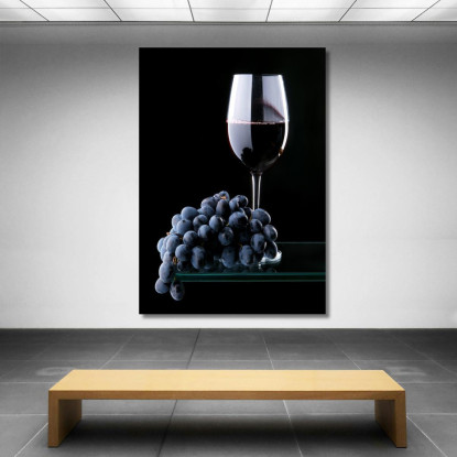 Quadro Moderno Calice Di Vino Rosso Con Grappolo D'Uva Su Sfondo Nero foo16 quadro stampato su tela