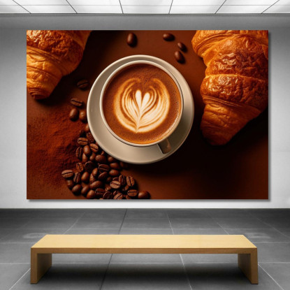 Quadro Moderno Cappuccino Decorato Con Croissant E Chicchi Di Caffè foo18 quadro stampato su tela