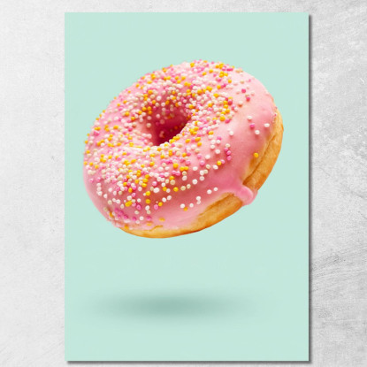 Quadro Moderno Ciambella Glassata Rosa Con Confettini Colorati Su Sfondo Verde Pastello foo25 quadro stampato su tela