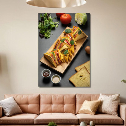 Quadro Moderno Club Sandwich Con Patatine Su Tagliere Di Legno E Ingredienti Freschi foo29 quadro stampato su tela