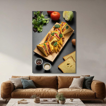Quadro Moderno Club Sandwich Con Patatine Su Tagliere Di Legno E Ingredienti Freschi foo29 quadro stampato su tela