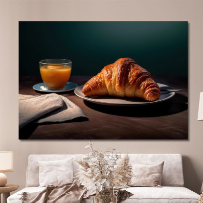 Quadro Moderno Colazione Con Croissant E Succo D'Arancia Su Tavolo Scuro foo32 quadro stampato su tela