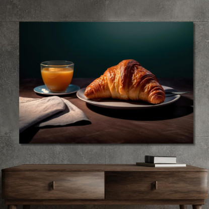Quadro Moderno Colazione Con Croissant E Succo D'Arancia Su Tavolo Scuro foo32 quadro stampato su tela