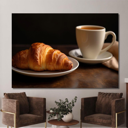 Quadro Moderno Croissant Dorato Con Caffè Su Piatto Bianco foo42 quadro stampato su tela