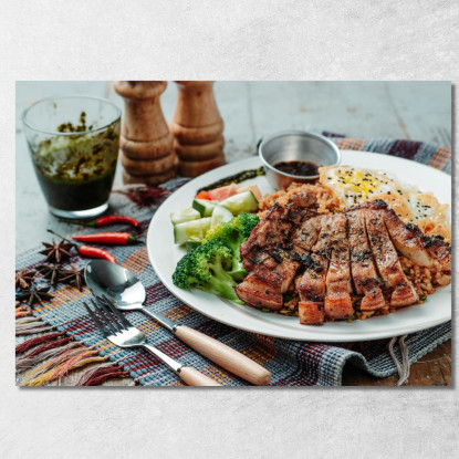 Quadro Moderno Grigliata Di Carne Con Riso Verdure E Uovo Fritto foo60 quadro stampato su tela