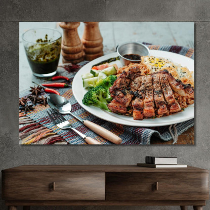 Quadro Moderno Grigliata Di Carne Con Riso Verdure E Uovo Fritto foo60 quadro stampato su tela