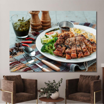 Quadro Moderno Grigliata Di Carne Con Riso Verdure E Uovo Fritto foo60 quadro stampato su tela
