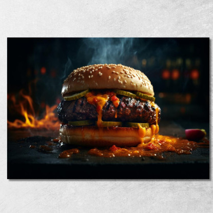 Quadro Moderno Hamburger Affumicato Con Formaggio Fuso E Peperoncino Piccante foo61 quadro stampato su tela