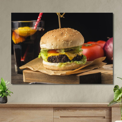 Quadro Moderno Hamburger Classico Con Formaggio Fuso E Lattuga Fresca foo62 quadro stampato su tela