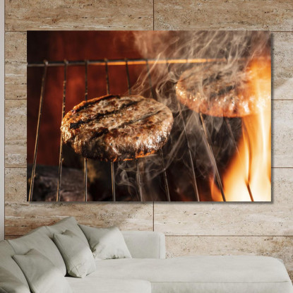 Quadro Moderno Hamburger Di Manzo Alla Griglia Con Fumo E Fiamme foo63 quadro stampato su tela