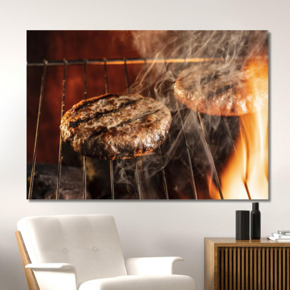 Quadro Moderno Hamburger Di Manzo Alla Griglia Con Fumo E Fiamme foo63 quadro stampato su tela