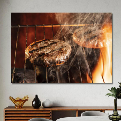 Quadro Moderno Hamburger Di Manzo Alla Griglia Con Fumo E Fiamme foo63 quadro stampato su tela