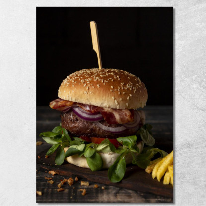 Quadro Moderno Hamburger Gourmet Con Bacon Cipolla E Insalata Su Sfondo Scuro foo64 quadro stampato su tela