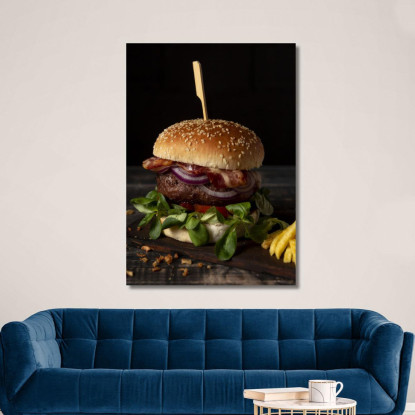 Quadro Moderno Hamburger Gourmet Con Bacon Cipolla E Insalata Su Sfondo Scuro foo64 quadro stampato su tela