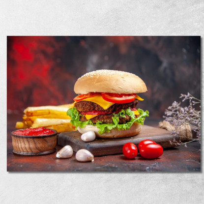 Quadro Moderno Hamburger Gourmet Con Doppio Formaggio E Verdure Fresche foo65 quadro stampato su tela